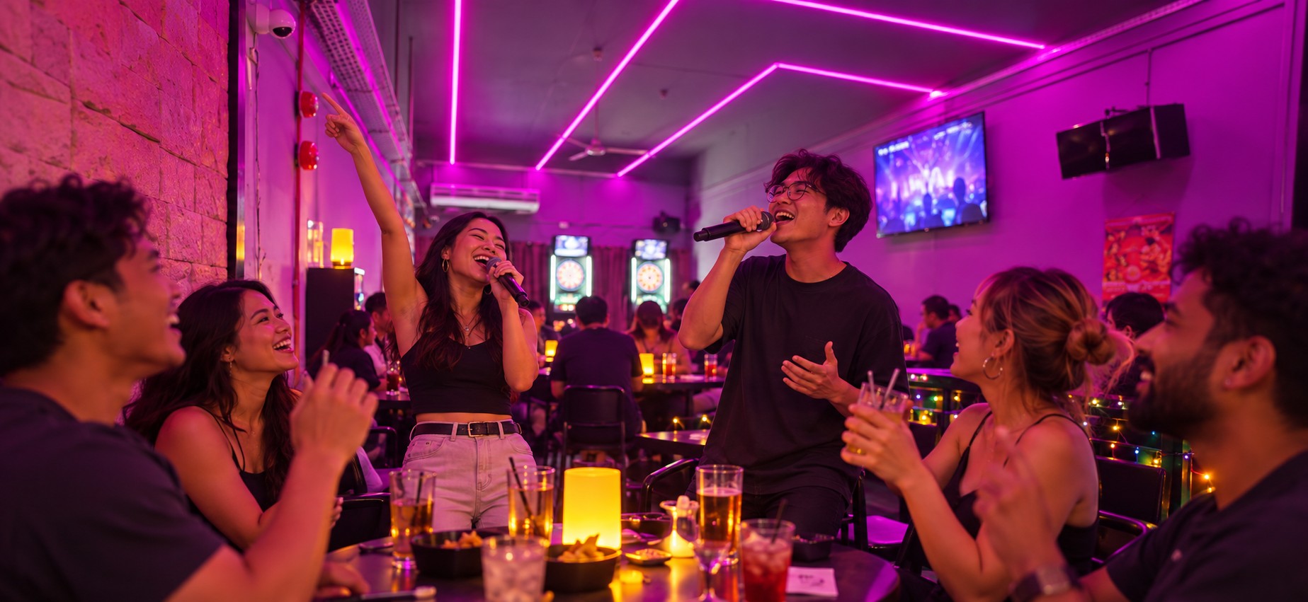Illustration of friends singing karaoke together in a setting inspired by Good Vibes Social Club