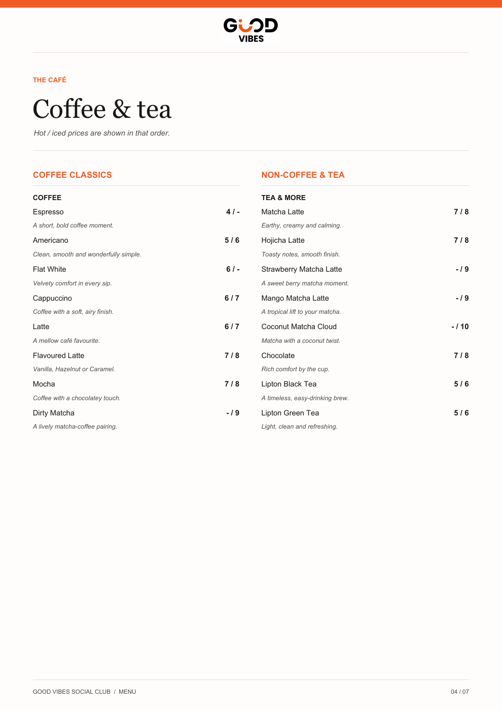 Good Vibes October 2026 menu page: Coffee & tea