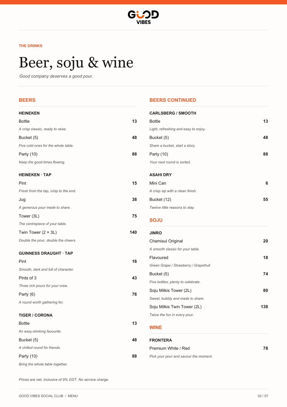 Good Vibes October 2026 menu page: Drinks to share