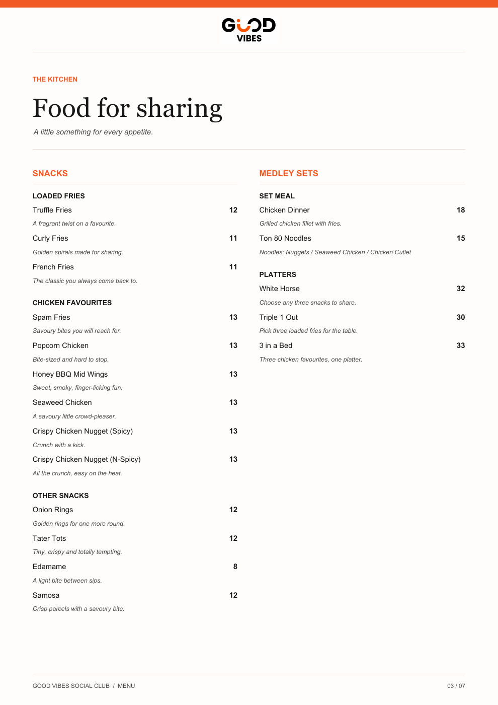 Good Vibes October 2026 menu page: Food for sharing